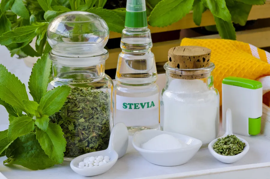 Stevia leaf, liquid extract and white stevia powder